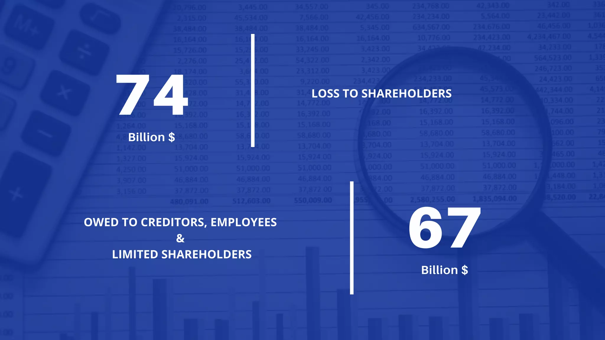 74Billion $
LOSS TO SHAREHOLDERS
67Billion $
OWED TO CREDITORS, EMPLOYEES
&
LIMITED SHAREHOLDERS