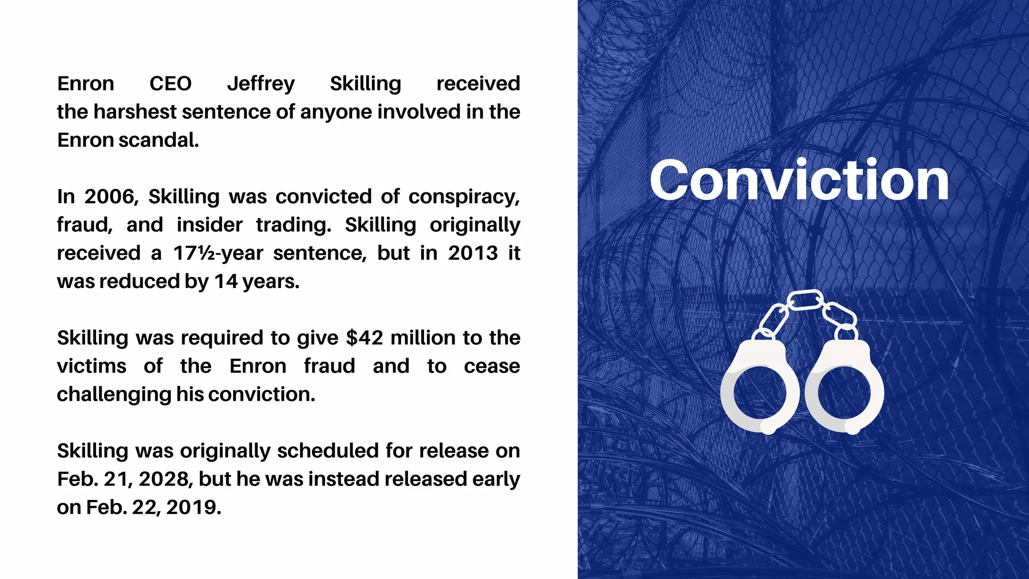 Conviction
Enron CEO Jeffrey Skilling received
the harshest sentence of anyone involved in the
Enron scandal.
In 2006, Skilling was convicted of conspiracy,
fraud, and insider trading. Skilling originally
received a 17½-year sentence, but in 2013 it
was reduced by 14 years.
Skilling was required to give $42 million to the
victims of the Enron fraud and to cease
challenging his conviction.
Skilling was originally scheduled for release on
Feb. 21, 2028, but he was instead released early
on Feb. 22, 2019.