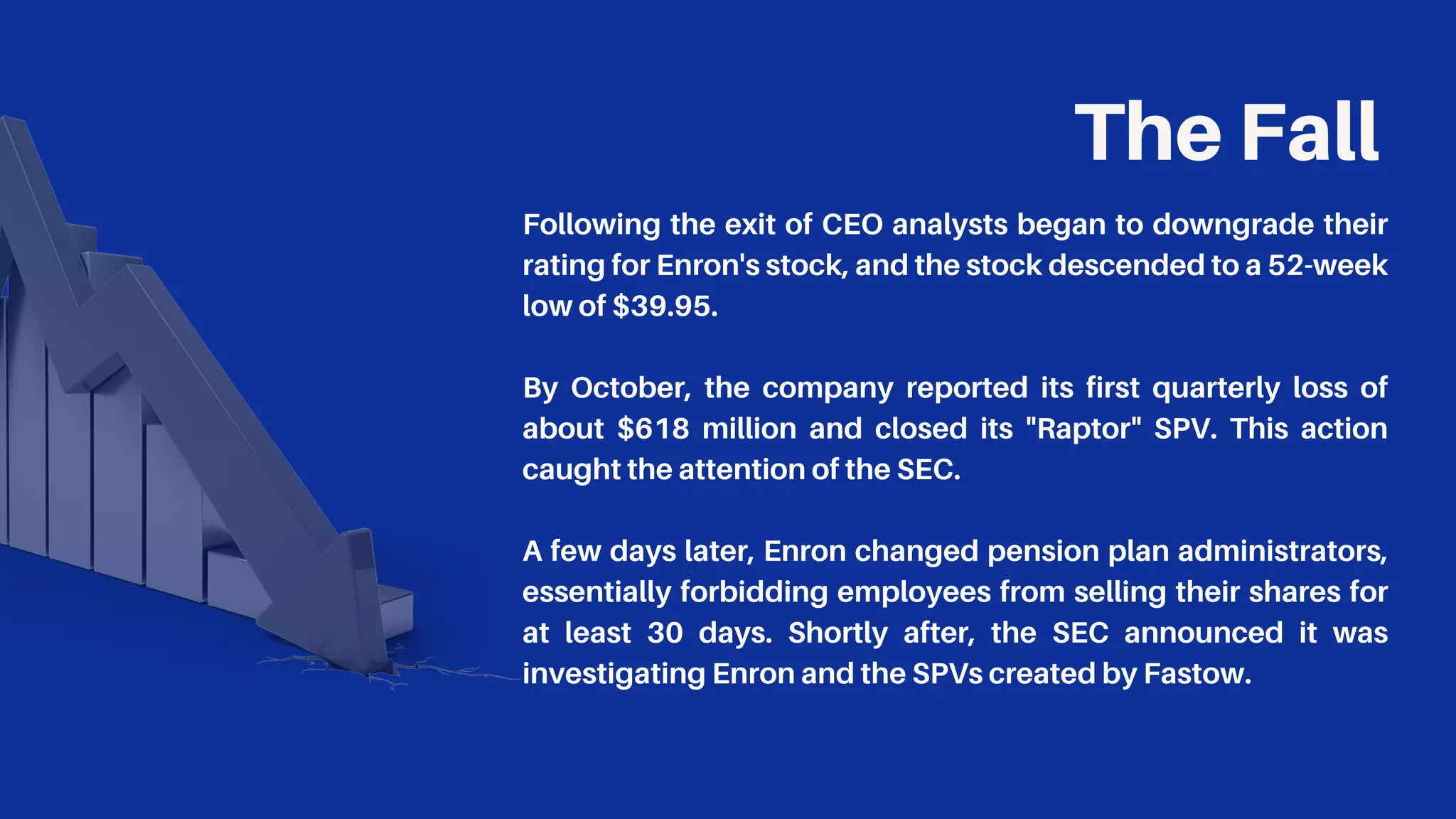 The Fall
Following the exit of CEO analysts began to downgrade their
rating for Enron's stock, and the stock descended to a 52-week
low of $39.95.
By October, the company reported its first quarterly loss of
about $618 million and closed its "Raptor" SPV. This action
caught the attention of the SEC.
A few days later, Enron changed pension plan administrators,
essentially forbidding employees from selling their shares for
at least 30 days. Shortly after, the SEC announced it was
investigating Enron and the SPVs created by Fastow.