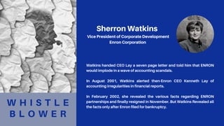 W H I S T L E
B L O W E R
Sherron Watkins
Vice President of Corporate Development
Enron Corporation
Watkins handed CEO Lay a seven page letter and told him that ENRON
would implode in a wave of accounting scandals.
In August 2001, Watkins alerted then-Enron CEO Kenneth Lay of
accounting irregularities in financial reports.
In February 2002, she revealed the various facts regarding ENRON
partnerships and finally resigned in November. But Watkins Revealed all
the facts only after Enron filed for bankruptcy.
 