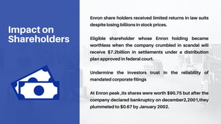 Enron share holders received limited returns in law suits
despite losing billions in stock prices.
Eligible shareholder whose Enron holding became
worthless when the company crumbled in scandal will
receive $7.2billion in settlements under a distribution
plan approved in federal court.
Undermine the investors trust in the reliability of
mandated corporate filings
At Enron peak ,its shares were worth $90.75 but after the
company declared bankruptcy on december2,2001,they
plummeted to $0.67 by January 2002.
Impact on
Shareholders
 