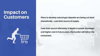 Plans to develop natural gas deposits are being cut back
dramatically. Lose their source of supply.
Lose their source Ultimately it results in power shortages
and higher cost in future years, the burden will fall on the
consumers.
Impact on
Customers
 