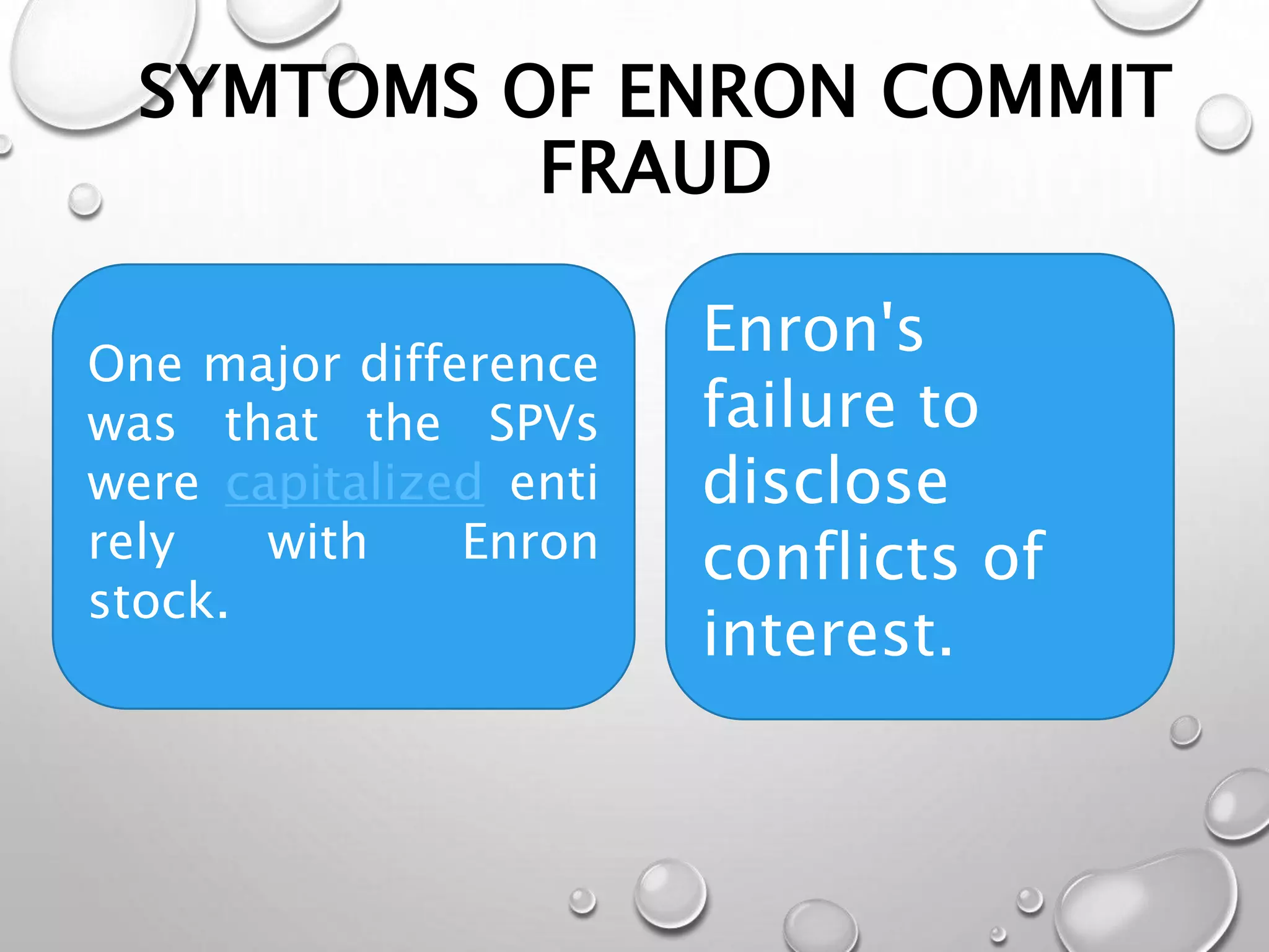 SYMTOMS OF ENRON COMMIT
FRAUD
Enron's
failure to
disclose
conflicts of
interest.
One major difference
was that the SPVs
were capitalized enti
rely with Enron
stock.
 