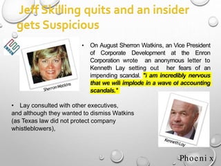 • On August Sherron Watkins, an Vice President
of Corporate Development at the Enron
Corporation wrote an anonymous letter to
Kenneth Lay setting out her fears of an
impending scandal. "I am incredibly nervous
that we will implode in a wave of accounting
scandals."
• Lay consulted with other executives,
and although they wanted to dismiss Watkins
(as Texas law did not protect company
whistleblowers),
Phoeni x
 