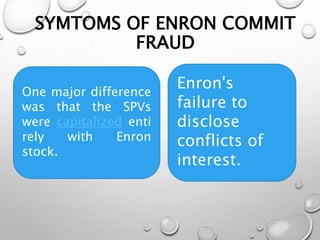SYMTOMS OF ENRON COMMIT
FRAUD
Enron's
failure to
disclose
conflicts of
interest.
One major difference
was that the SPVs
were capitalized enti
rely with Enron
stock.
 