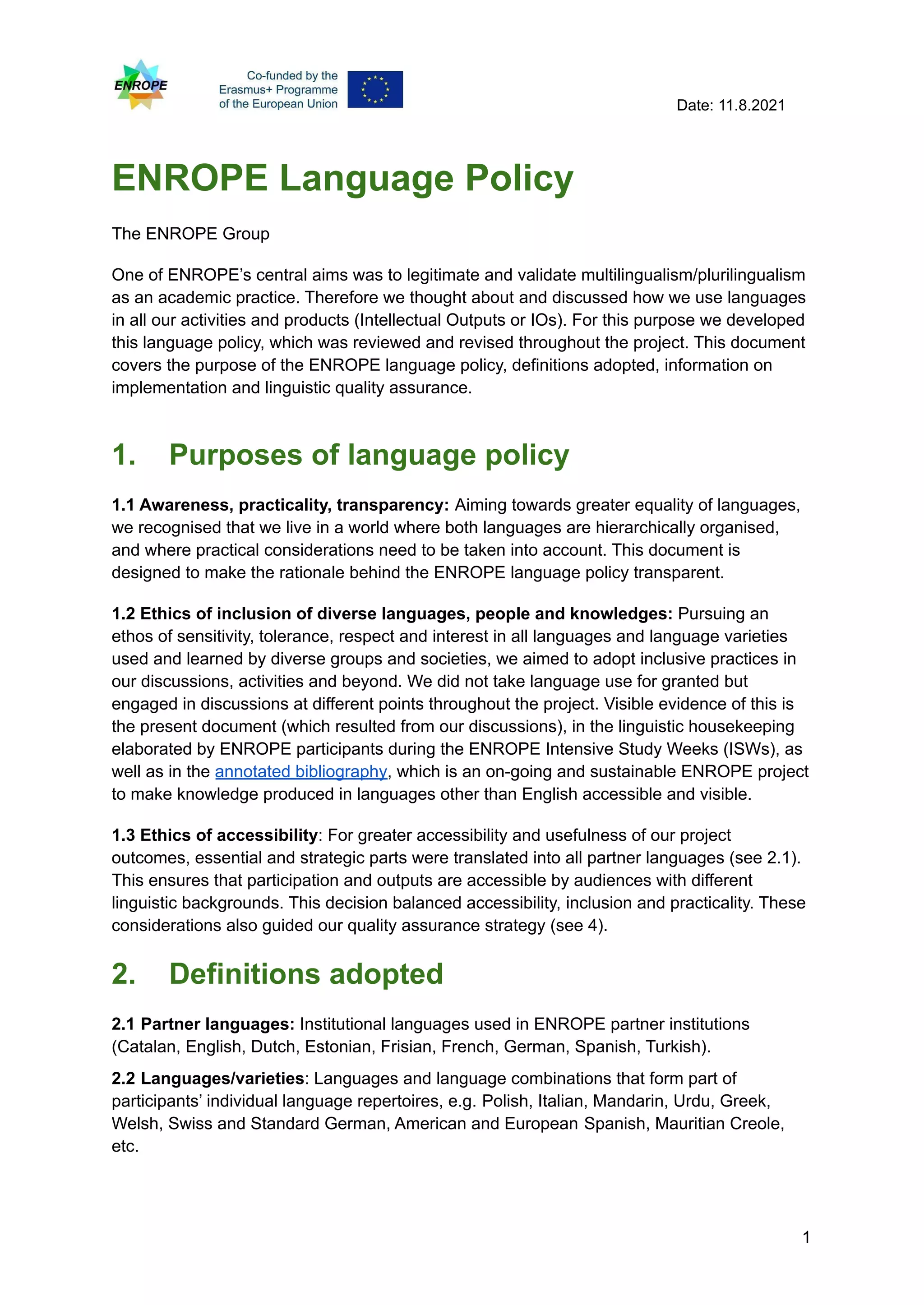 Enrope language policy, linguistic housekeeping, definitions and implementation PDF
