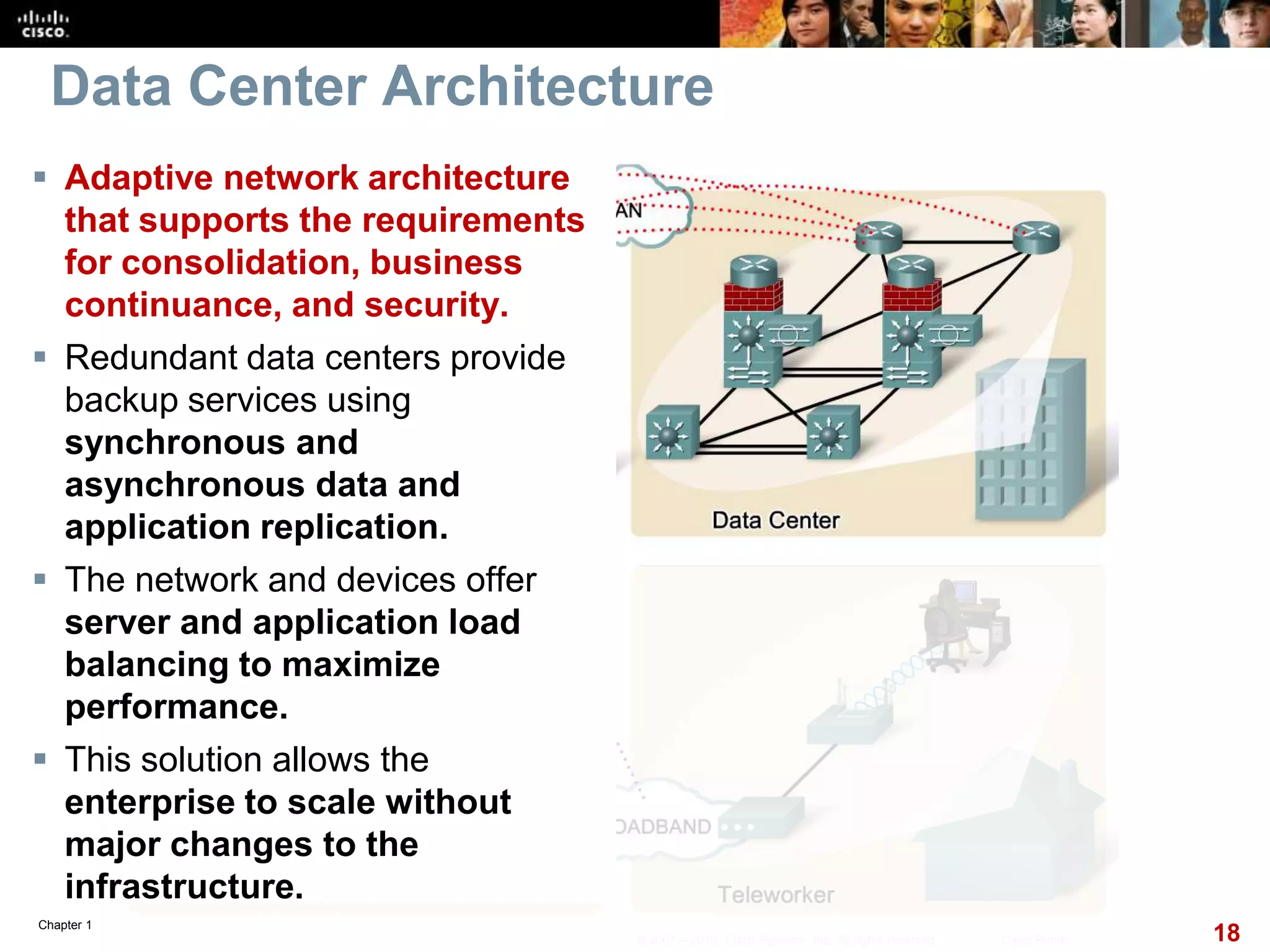 Chapter 1
18© 2007 – 2010, Cisco Systems, Inc. All rights reserved. Cisco Public
Data Center Architecture
 Adaptive network architecture
that supports the requirements
for consolidation, business
continuance, and security.
 Redundant data centers provide
backup services using
synchronous and
asynchronous data and
application replication.
 The network and devices offer
server and application load
balancing to maximize
performance.
 This solution allows the
enterprise to scale without
major changes to the
infrastructure.
 