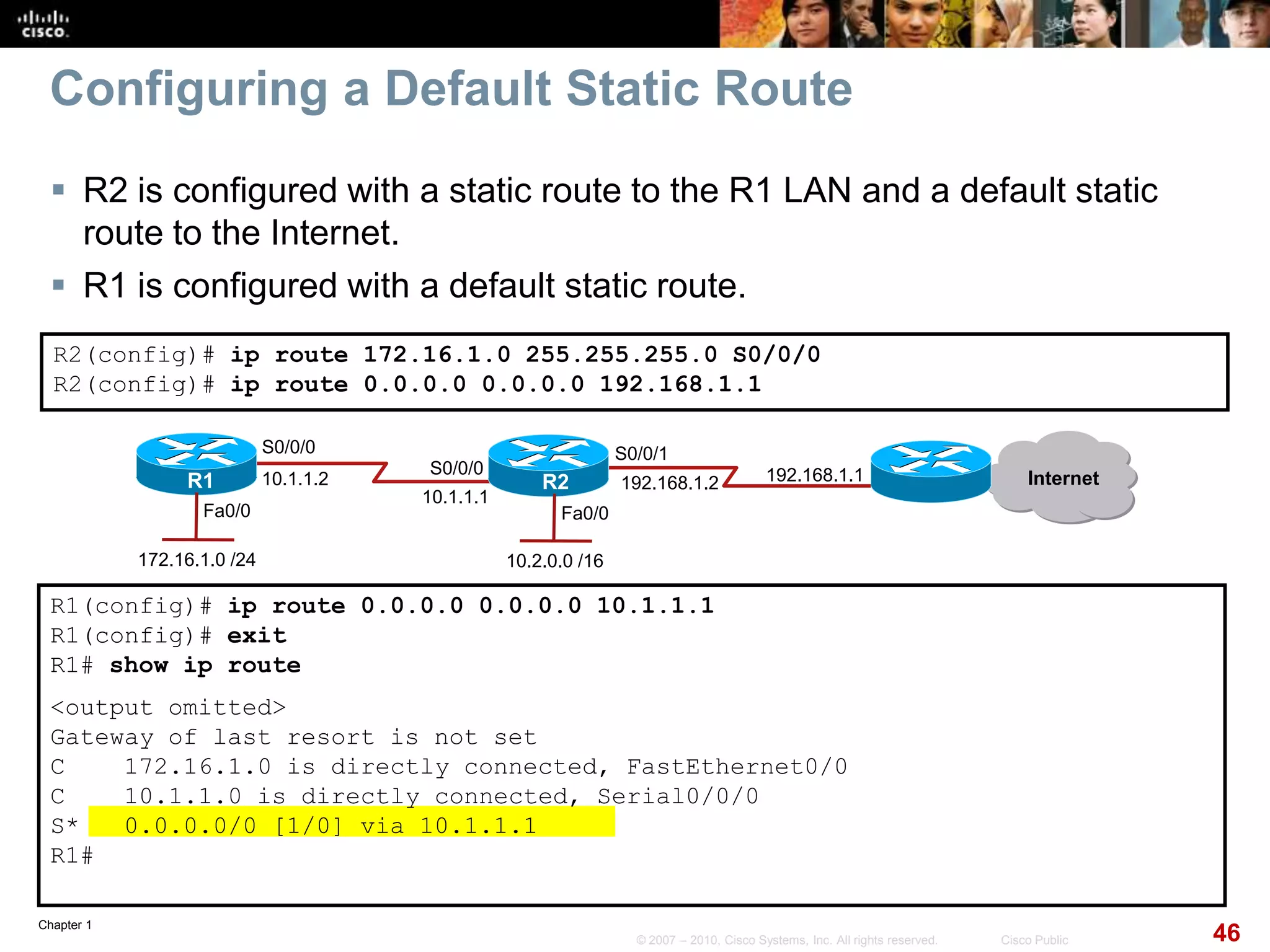 Chapter 1
46© 2007 – 2010, Cisco Systems, Inc. All rights reserved. Cisco Public
Configuring a Default Static Route
 R2 is configured with a static route to the R1 LAN and a default static
route to the Internet.
 R1 is configured with a default static route.
R1(config)# ip route 0.0.0.0 0.0.0.0 10.1.1.1
R1(config)# exit
R1# show ip route
<output omitted>
Gateway of last resort is not set
C 172.16.1.0 is directly connected, FastEthernet0/0
C 10.1.1.0 is directly connected, Serial0/0/0
S* 0.0.0.0/0 [1/0] via 10.1.1.1
R1#
R2(config)# ip route 172.16.1.0 255.255.255.0 S0/0/0
R2(config)# ip route 0.0.0.0 0.0.0.0 192.168.1.1
Internet
S0/0/0
S0/0/0
Fa0/0Fa0/0
10.1.1.2
10.1.1.1
192.168.1.2 192.168.1.1
S0/0/1
R1 R2
172.16.1.0 /24 10.2.0.0 /16
 