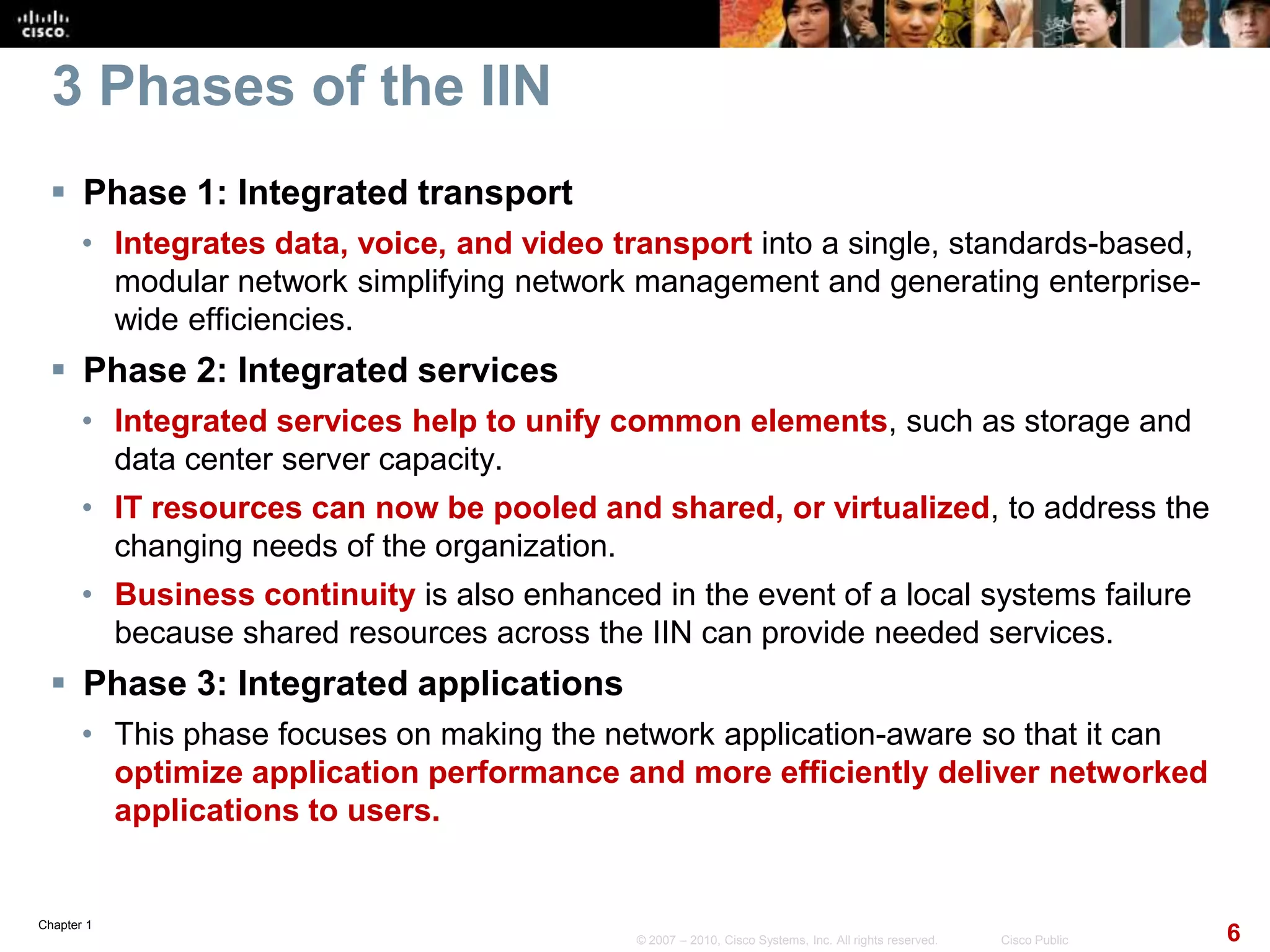 Chapter 1
6© 2007 – 2010, Cisco Systems, Inc. All rights reserved. Cisco Public
3 Phases of the IIN
 Phase 1: Integrated transport
• Integrates data, voice, and video transport into a single, standards-based,
modular network simplifying network management and generating enterprise-
wide efficiencies.
 Phase 2: Integrated services
• Integrated services help to unify common elements, such as storage and
data center server capacity.
• IT resources can now be pooled and shared, or virtualized, to address the
changing needs of the organization.
• Business continuity is also enhanced in the event of a local systems failure
because shared resources across the IIN can provide needed services.
 Phase 3: Integrated applications
• This phase focuses on making the network application-aware so that it can
optimize application performance and more efficiently deliver networked
applications to users.
 