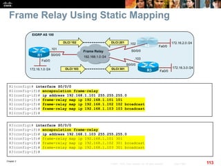 Chapter 2
113© 2007 – 2010, Cisco Systems, Inc. All rights reserved. Cisco Public
Frame Relay Using Static Mapping
R1(config)# interface S0/0/0
R1(config-if)# encapsulation frame-relay
R1(config-if)# ip address 192.168.1.101 255.255.255.0
R1(config-if)# frame-relay map ip 192.168.1.101 101
R1(config-if)# frame-relay map ip 192.168.1.102 102 broadcast
R1(config-if)# frame-relay map ip 192.168.1.103 103 broadcast
R1(config-if)#
R3(config)# interface S0/0/0
R3(config-if)# encapsulation frame-relay
R3(config-if)# ip address 192.168.1.103 255.255.255.0
R3(config-if)# frame-relay map ip 192.168.1.101 301
R3(config-if)# frame-relay map ip 192.168.1.102 301 broadcast
R3(config-if)# frame-relay map ip 192.168.1.103 301 broadcast
R3(config-if)#
Fa0/0
R1
172.16.1.0 /24
EIGRP AS 100
Frame Relay
R2
R3
S0/0/0
192.168.1.0 /24
.101
.103
.102
S0/0/0
S0/0/0
DLCI 103
DLCI 102 DLCI 201
DLCI 301
Fa0/0
172.16.2.0 /24
Fa0/0
172.16.3.0 /24
 