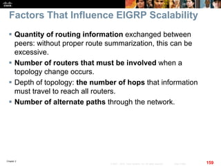 Chapter 2
159© 2007 – 2010, Cisco Systems, Inc. All rights reserved. Cisco Public
Factors That Influence EIGRP Scalability
 Quantity of routing information exchanged between
peers: without proper route summarization, this can be
excessive.
 Number of routers that must be involved when a
topology change occurs.
 Depth of topology: the number of hops that information
must travel to reach all routers.
 Number of alternate paths through the network.
 