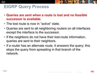 Chapter 2
160© 2007 – 2010, Cisco Systems, Inc. All rights reserved. Cisco Public
EIGRP Query Process
 Queries are sent when a route is lost and no feasible
successor is available.
 The lost route is now in “active” state.
 Queries are sent to all neighboring routers on all interfaces
except the interface to the successor.
 If the neighbors do not have their lost-route information,
queries are sent to their neighbors.
 If a router has an alternate route, it answers the query; this
stops the query from spreading in that branch of the
network.
 