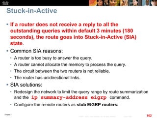 Chapter 2
162© 2007 – 2010, Cisco Systems, Inc. All rights reserved. Cisco Public
Stuck-in-Active
 If a router does not receive a reply to all the
outstanding queries within default 3 minutes (180
seconds), the route goes into Stuck-in-Active (SIA)
state.
 Common SIA reasons:
• A router is too busy to answer the query.
• A router cannot allocate the memory to process the query.
• The circuit between the two routers is not reliable.
• The router has unidirectional links.
 SIA solutions:
• Redesign the network to limit the query range by route summarization
and the ip summary-address eigrp command.
• Configure the remote routers as stub EIGRP routers.
 