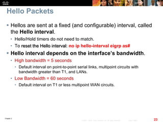 Chapter 2
23© 2007 – 2010, Cisco Systems, Inc. All rights reserved. Cisco Public
Hello Packets
 Hellos are sent at a fixed (and configurable) interval, called
the Hello interval.
• Hello/Hold timers do not need to match.
• To reset the Hello interval: no ip hello-interval eigrp as#
 Hello interval depends on the interface’s bandwidth.
• High bandwidth = 5 seconds
• Default interval on point-to-point serial links, multipoint circuits with
bandwidth greater than T1, and LANs.
• Low Bandwidth = 60 seconds
• Default interval on T1 or less multipoint WAN circuits.
 
