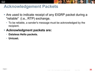 Chapter 2
26© 2007 – 2010, Cisco Systems, Inc. All rights reserved. Cisco Public
Acknowledgement Packets
 Are used to indicate receipt of any EIGRP packet during a
"reliable" (i.e., RTP) exchange.
• To be reliable, a sender's message must be acknowledged by the
recipient.
 Acknowledgment packets are:
• Dataless Hello packets.
• Unicast.
 