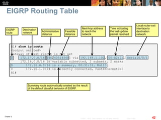 Chapter 2
42© 2007 – 2010, Cisco Systems, Inc. All rights reserved. Cisco Public
EIGRP Routing Table
EIGRP
route
Destination
network
R1# show ip route
<output omitted>
Gateway of last resort is not set
D 172.17.0.0/16 [90/40514560] via 192.168.1.102, 00:02:22, Serial0/0/1
172.16.0.0/16 is variably subnetted, 2 subnets, 2 masks
D 172.16.0.0/16 is a summary, 00:31:31, Null0
C 172.16.1.0/24 is directly connected, FastEthernet0/0
R1#
Administrative
distance
Feasible
distance
Next-hop address
to reach the
network
Time indicating
the last update
packet received
Local router exit
interface to
destination
network
Summary route automatically created as the result
of the default classful behavior of EIGRP.
 