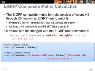 Chapter 2
56© 2007 – 2010, Cisco Systems, Inc. All rights reserved. Cisco Public
EIGRP Composite Metric Calculation
 The EIGRP composite metric formula consists of values K1
through K5, known as EIGRP metric weights.
• By default, only K1 (bandwidth) and K3 (delay) are set to 1.
• K2 (load), K4 (reliability), and K5 (MTU) are set to 0.
 K values can be changed with the EIGRP router command:
Router(config-router)# metric weights tos k1
k2 k3 k4 k5
 