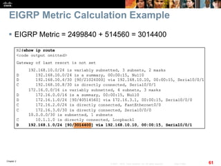Chapter 2
61© 2007 – 2010, Cisco Systems, Inc. All rights reserved. Cisco Public
EIGRP Metric Calculation Example
 EIGRP Metric = 2499840 + 514560 = 3014400
 