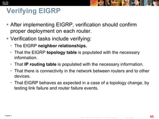 Chapter 2
65© 2007 – 2010, Cisco Systems, Inc. All rights reserved. Cisco Public
Verifying EIGRP
 After implementing EIGRP, verification should confirm
proper deployment on each router.
 Verification tasks include verifying:
• The EIGRP neighbor relationships.
• That the EIGRP topology table is populated with the necessary
information.
• That IP routing table is populated with the necessary information.
• That there is connectivity in the network between routers and to other
devices.
• That EIGRP behaves as expected in a case of a topology change, by
testing link failure and router failure events.
 