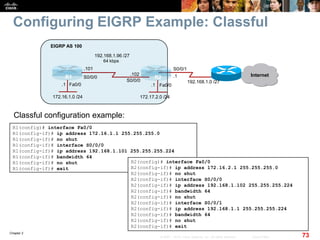 Chapter 2
73© 2007 – 2010, Cisco Systems, Inc. All rights reserved. Cisco Public
Configuring EIGRP Example: Classful
R1(config)# interface Fa0/0
R1(config-if)# ip address 172.16.1.1 255.255.255.0
R1(config-if)# no shut
R1(config-if)# interface S0/0/0
R1(config-if)# ip address 192.168.1.101 255.255.255.224
R1(config-if)# bandwidth 64
R1(config-if)# no shut
R1(config-if)# exit
Classful configuration example:
R2(config)# interface Fa0/0
R2(config-if)# ip address 172.16.2.1 255.255.255.0
R2(config-if)# no shut
R2(config-if)# interface S0/0/0
R2(config-if)# ip address 192.168.1.102 255.255.255.224
R2(config-if)# bandwidth 64
R2(config-if)# no shut
R2(config-if)# interface S0/0/1
R2(config-if)# ip address 192.168.1.1 255.255.255.224
R2(config-if)# bandwidth 64
R2(config-if)# no shut
R2(config-if)# exit
Fa0/0Fa0/0
R1 R2
172.16.1.0 /24
EIGRP AS 100
Internet
192.168.1.0 /27
S0/0/1
172.17.2.0 /24
S0/0/0
S0/0/0
64 kbps
192.168.1.96 /27
.101
.102 .1
.1.1
 