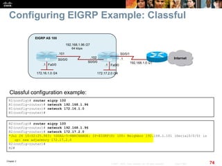 Chapter 2
74© 2007 – 2010, Cisco Systems, Inc. All rights reserved. Cisco Public
Configuring EIGRP Example: Classful
R1(config)# router eigrp 100
R1(config-router)# network 192.168.1.96
R1(config-router)# network 172.16.1.0
R1(config-router)#
Classful configuration example:
R2(config)# router eigrp 100
R2(config-router)# network 192.168.1.96
R2(config-router)# network 172.17.2.0
*Jul 26 10:02:25.963: %DUAL-5-NBRCHANGE: IP-EIGRP(0) 100: Neighbor 192.168.1.101 (Serial0/0/0) is
up: new adjacency 172.17.2.0
R2(config-router)#
R2#
Fa0/0Fa0/0
R1 R2
172.16.1.0 /24
EIGRP AS 100
Internet
192.168.1.0 /27
S0/0/1
172.17.2.0 /24
S0/0/0
S0/0/0
64 kbps
192.168.1.96 /27
.101
.102 .1
.1.1
 
