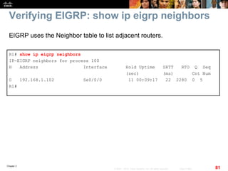 Chapter 2
81© 2007 – 2010, Cisco Systems, Inc. All rights reserved. Cisco Public
Verifying EIGRP: show ip eigrp neighbors
R1# show ip eigrp neighbors
IP-EIGRP neighbors for process 100
H Address Interface Hold Uptime SRTT RTO Q Seq
(sec) (ms) Cnt Num
0 192.168.1.102 Se0/0/0 11 00:09:17 22 2280 0 5
R1#
EIGRP uses the Neighbor table to list adjacent routers.
 