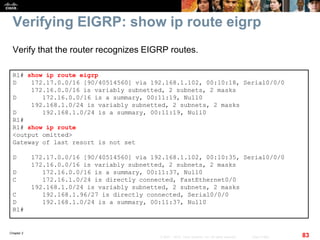 Chapter 2
83© 2007 – 2010, Cisco Systems, Inc. All rights reserved. Cisco Public
Verifying EIGRP: show ip route eigrp
R1# show ip route eigrp
D 172.17.0.0/16 [90/40514560] via 192.168.1.102, 00:10:18, Serial0/0/0
172.16.0.0/16 is variably subnetted, 2 subnets, 2 masks
D 172.16.0.0/16 is a summary, 00:11:19, Null0
192.168.1.0/24 is variably subnetted, 2 subnets, 2 masks
D 192.168.1.0/24 is a summary, 00:11:19, Null0
R1#
R1# show ip route
<output omitted>
Gateway of last resort is not set
D 172.17.0.0/16 [90/40514560] via 192.168.1.102, 00:10:35, Serial0/0/0
172.16.0.0/16 is variably subnetted, 2 subnets, 2 masks
D 172.16.0.0/16 is a summary, 00:11:37, Null0
C 172.16.1.0/24 is directly connected, FastEthernet0/0
192.168.1.0/24 is variably subnetted, 2 subnets, 2 masks
C 192.168.1.96/27 is directly connected, Serial0/0/0
D 192.168.1.0/24 is a summary, 00:11:37, Null0
R1#
Verify that the router recognizes EIGRP routes.
 