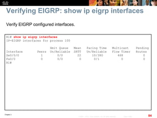 Chapter 2
84© 2007 – 2010, Cisco Systems, Inc. All rights reserved. Cisco Public
Verifying EIGRP: show ip eigrp interfaces
R1# show ip eigrp interfaces
IP-EIGRP interfaces for process 100
Xmit Queue Mean Pacing Time Multicast Pending
Interface Peers Un/Reliable SRTT Un/Reliable Flow Timer Routes
Se0/0/0 1 0/0 22 10/380 468 0
Fa0/0 0 0/0 0 0/1 0 0
R1#
Verify EIGRP configured interfaces.
 