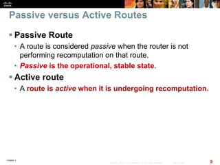 Chapter 2
9© 2007 – 2010, Cisco Systems, Inc. All rights reserved. Cisco Public
Passive versus Active Routes
 Passive Route
• A route is considered passive when the router is not
performing recomputation on that route.
• Passive is the operational, stable state.
 Active route
• A route is active when it is undergoing recomputation.
 
