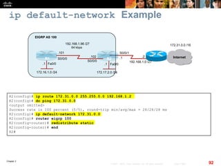 Chapter 2
92© 2007 – 2010, Cisco Systems, Inc. All rights reserved. Cisco Public
ip default-network Example
Fa0/0Fa0/0
R1 R2
172.16.1.0 /24
64 kbps
EIGRP AS 100
Internet
172.31.0.0 /16192.168.1.96 /27
172.17.2.0 /24
.101
.102
S0/0/1
S0/0/0
S0/0/0
.1
.1.1
192.168.1.0 /27
.2
R2(config)# ip route 172.31.0.0 255.255.0.0 192.168.1.2
R2(config)# do ping 172.31.0.0
<output omitted>
Success rate is 100 percent (5/5), round-trip min/avg/max = 28/28/28 ms
R2(config)# ip default-network 172.31.0.0
R2(config)# router eigrp 100
R2(config-router)# redistribute static
R2(config-router)# end
R2#
 