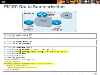 Chapter 2
105© 2007 – 2010, Cisco Systems, Inc. All rights reserved. Cisco Public
EIGRP Route Summarization
R1(config)# router eigrp 100
R1(config)# no auto-summary
R2(config)# router eigrp 100
R2(config)# no auto-summary
Fa0/0Fa0/0
R1 R2
10.10.10.0 /24
EIGRP AS 100
WAN
192.168.3.1
S0/0/0
10.10.20.0 /24
10.0.0.0 /8
R3
R3(config)# interface S0/0/0
R3(config-if)# ip address 192.168.3.1 255.255.255.0
R3(config-if)# ip summary-address eigrp 1 10.10.0.0 255.255.0.0
R3(config-if)# no shut
R3(config-if)# exit
R3# show ip protocols
Routing Protocol is "eigrp 100"
<output omitted>
Automatic network summarization is not in effect
Address Summarization:
10.10.0.0/16 for Serial0/0/0
<output omitted>
 