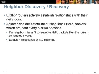 Chapter 2
12© 2007 – 2010, Cisco Systems, Inc. All rights reserved. Cisco Public
Neighbor Discovery / Recovery
 EIGRP routers actively establish relationships with their
neighbors.
 Adjacencies are established using small Hello packets
which are sent every 5 or 60 seconds.
• If a neighbor misses 3 consecutive Hello packets then the route is
considered invalid.
• Default = 15 seconds or 180 seconds.
 