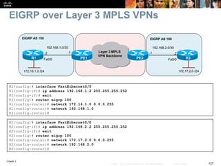 Chapter 2
127© 2007 – 2010, Cisco Systems, Inc. All rights reserved. Cisco Public
EIGRP over Layer 3 MPLS VPNs
R1(config)# interface FastEthernet0/0
R1(config-if)# ip address 192.168.1.2 255.255.255.252
R1(config-if)# exit
R1(config)# router eigrp 100
R1(config-router)# network 172.16.1.0 0.0.0.255
R1(config-router)# network 192.168.1.0
R1(config-router)#
R2(config)# interface FastEthernet0/0
R2(config-if)# ip address 192.168.2.2 255.255.255.252
R2(config-if)# exit
R2(config)# router eigrp 100
R2(config-router)# network 172.17.2.0 0.0.0.255
R2(config-router)# network 192.168.2.0
R2(config-router)#
EIGRP AS 100
Layer 3 MPLS
VPN Backbone
Fa0/0 PE1
.1
PE2
192.168.2.0/30
.2.2
192.168.1.0/30
.1
EIGRP AS 100
Fa0/0
172.16.1.0 /24 172.17.2.0 /24
R2R1
 