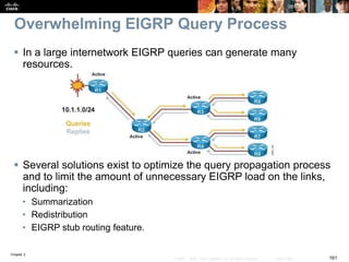 Chapter 2
161© 2007 – 2010, Cisco Systems, Inc. All rights reserved. Cisco Public
Overwhelming EIGRP Query Process
 In a large internetwork EIGRP queries can generate many
resources.
 Several solutions exist to optimize the query propagation process
and to limit the amount of unnecessary EIGRP load on the links,
including:
• Summarization
• Redistribution
• EIGRP stub routing feature.
 