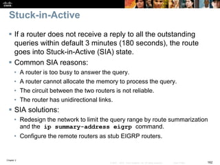 Chapter 2
162© 2007 – 2010, Cisco Systems, Inc. All rights reserved. Cisco Public
Stuck-in-Active
 If a router does not receive a reply to all the outstanding
queries within default 3 minutes (180 seconds), the route
goes into Stuck-in-Active (SIA) state.
 Common SIA reasons:
• A router is too busy to answer the query.
• A router cannot allocate the memory to process the query.
• The circuit between the two routers is not reliable.
• The router has unidirectional links.
 SIA solutions:
• Redesign the network to limit the query range by route summarization
and the ip summary-address eigrp command.
• Configure the remote routers as stub EIGRP routers.
 