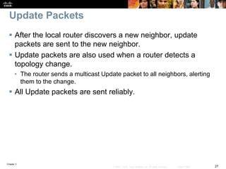 Chapter 2
27© 2007 – 2010, Cisco Systems, Inc. All rights reserved. Cisco Public
Update Packets
 After the local router discovers a new neighbor, update
packets are sent to the new neighbor.
 Update packets are also used when a router detects a
topology change.
• The router sends a multicast Update packet to all neighbors, alerting
them to the change.
 All Update packets are sent reliably.
 