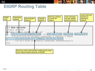 Chapter 2
42© 2007 – 2010, Cisco Systems, Inc. All rights reserved. Cisco Public
EIGRP Routing Table
EIGRP
route
Destination
network
R1# show ip route
<output omitted>
Gateway of last resort is not set
D 172.17.0.0/16 [90/40514560] via 192.168.1.102, 00:02:22, Serial0/0/1
172.16.0.0/16 is variably subnetted, 2 subnets, 2 masks
D 172.16.0.0/16 is a summary, 00:31:31, Null0
C 172.16.1.0/24 is directly connected, FastEthernet0/0
R1#
Administrative
distance
Feasible
distance
Next-hop address
to reach the
network
Time indicating
the last update
packet received
Local router exit
interface to
destination
network
Summary route automatically created as the result
of the default classful behavior of EIGRP.
 