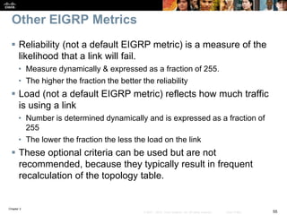 Chapter 2
55© 2007 – 2010, Cisco Systems, Inc. All rights reserved. Cisco Public
Other EIGRP Metrics
 Reliability (not a default EIGRP metric) is a measure of the
likelihood that a link will fail.
• Measure dynamically & expressed as a fraction of 255.
• The higher the fraction the better the reliability
 Load (not a default EIGRP metric) reflects how much traffic
is using a link
• Number is determined dynamically and is expressed as a fraction of
255
• The lower the fraction the less the load on the link
 These optional criteria can be used but are not
recommended, because they typically result in frequent
recalculation of the topology table.
 