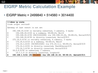 Chapter 2
61© 2007 – 2010, Cisco Systems, Inc. All rights reserved. Cisco Public
EIGRP Metric Calculation Example
 EIGRP Metric = 2499840 + 514560 = 3014400
 