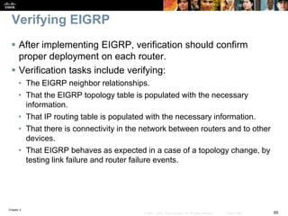 Chapter 2
65© 2007 – 2010, Cisco Systems, Inc. All rights reserved. Cisco Public
Verifying EIGRP
 After implementing EIGRP, verification should confirm
proper deployment on each router.
 Verification tasks include verifying:
• The EIGRP neighbor relationships.
• That the EIGRP topology table is populated with the necessary
information.
• That IP routing table is populated with the necessary information.
• That there is connectivity in the network between routers and to other
devices.
• That EIGRP behaves as expected in a case of a topology change, by
testing link failure and router failure events.
 