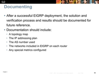 Chapter 2
66© 2007 – 2010, Cisco Systems, Inc. All rights reserved. Cisco Public
Documenting
 After a successful EIGRP deployment, the solution and
verification process and results should be documented for
future reference.
 Documentation should include:
• A topology map
• The IP addressing plan
• The AS number used
• The networks included in EIGRP on each router
• Any special metrics configured
 