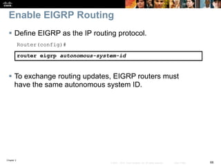 Chapter 2
68© 2007 – 2010, Cisco Systems, Inc. All rights reserved. Cisco Public
Enable EIGRP Routing
 Define EIGRP as the IP routing protocol.
Router(config)#
router eigrp autonomous-system-id
 To exchange routing updates, EIGRP routers must
have the same autonomous system ID.
 