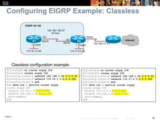 Chapter 2
78© 2007 – 2010, Cisco Systems, Inc. All rights reserved. Cisco Public
Configuring EIGRP Example: Classless
Classless configuration example:
R2(config)# no router eigrp 100
R2(config)# router eigrp 100
R2(config-router)# network 192.168.1.96 0.0.0.31
R2(config-router)# network 172.17.2.0 0.0.0.255
R2(config-router)# end
R2# show run | section router eigrp
router eigrp 100
network 172.17.2.0 0.0.0.255
network 192.168.1.96 0.0.0.31
auto-summary
R2#
Fa0/0Fa0/0
172.17.2.0 /24
R1 R2
172.16.1.0 /24
EIGRP AS 100
Internet
192.168.1.0 /27
64 kbps
192.168.1.96 /27
.101
.102
S0/0/1
S0/0/0
S0/0/0
.1
.1.1
R1(config)# no router eigrp 100
R1(config)# router eigrp 100
R1(config-router)# network 192.168.1.96 0.0.0.31
R1(config-router)# network 172.16.1.0 0.0.0.255
R1(config-router)# end
R1# show run | section router eigrp
router eigrp 100
network 172.16.1.0 0.0.0.255
network 192.168.1.96 0.0.0.31
auto-summary
R1#
 