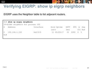 Chapter 2
81© 2007 – 2010, Cisco Systems, Inc. All rights reserved. Cisco Public
Verifying EIGRP: show ip eigrp neighbors
R1# show ip eigrp neighbors
IP-EIGRP neighbors for process 100
H Address Interface Hold Uptime SRTT RTO Q Seq
(sec) (ms) Cnt Num
0 192.168.1.102 Se0/0/0 11 00:09:17 22 2280 0 5
R1#
EIGRP uses the Neighbor table to list adjacent routers.
 