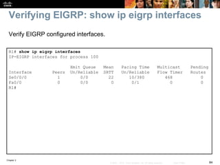 Chapter 2
84© 2007 – 2010, Cisco Systems, Inc. All rights reserved. Cisco Public
Verifying EIGRP: show ip eigrp interfaces
R1# show ip eigrp interfaces
IP-EIGRP interfaces for process 100
Xmit Queue Mean Pacing Time Multicast Pending
Interface Peers Un/Reliable SRTT Un/Reliable Flow Timer Routes
Se0/0/0 1 0/0 22 10/380 468 0
Fa0/0 0 0/0 0 0/1 0 0
R1#
Verify EIGRP configured interfaces.
 