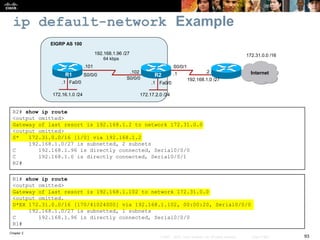 Chapter 2
93© 2007 – 2010, Cisco Systems, Inc. All rights reserved. Cisco Public
ip default-network Example
R2# show ip route
<output omitted>
Gateway of last resort is 192.168.1.2 to network 172.31.0.0
<output omitted>
S* 172.31.0.0/16 [1/0] via 192.168.1.2
192.168.1.0/27 is subnetted, 2 subnets
C 192.168.1.96 is directly connected, Serial0/0/0
C 192.168.1.0 is directly connected, Serial0/0/1
R2#
Fa0/0Fa0/0
R1 R2
172.16.1.0 /24
64 kbps
EIGRP AS 100
Internet
172.31.0.0 /16192.168.1.96 /27
172.17.2.0 /24
.101
.102
S0/0/1
S0/0/0
S0/0/0
.1
.1.1
192.168.1.0 /27
.2
R1# show ip route
<output omitted>
Gateway of last resort is 192.168.1.102 to network 172.31.0.0
<output omitted.
D*EX 172.31.0.0/16 [170/41024000] via 192.168.1.102, 00:00:20, Serial0/0/0
192.168.1.0/27 is subnetted, 1 subnets
C 192.168.1.96 is directly connected, Serial0/0/0
R1#
 