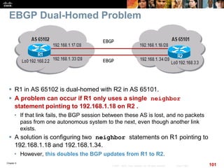 Chapter 6
101© 2007 – 2010, Cisco Systems, Inc. All rights reserved. Cisco Public
EBGP Dual-Homed Problem
 R1 in AS 65102 is dual-homed with R2 in AS 65101.
 A problem can occur if R1 only uses a single neighbor
statement pointing to 192.168.1.18 on R2 .
• If that link fails, the BGP session between these AS is lost, and no packets
pass from one autonomous system to the next, even though another link
exists.
 A solution is configuring two neighbor statements on R1 pointing to
192.168.1.18 and 192.168.1.34.
• However, this doubles the BGP updates from R1 to R2.
 