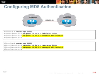 Chapter 6
114© 2007 – 2010, Cisco Systems, Inc. All rights reserved. Cisco Public
Configuring MD5 Authentication
R1(config)# router bgp 65000
R1(config-router)# neighbor 10.64.0.2 remote-as 65500
R1(config-router)# neighbor 10.64.0.2 password BGP-Pa55w0rd
R1(config-router)#
R2(config)# router bgp 65500
R2(config-router)# neighbor 10.64.0.1 remote-as 65000
R2(config-router)# neighbor 10.64.0.1 password BGP-Pa55w0rd
R2(config-router)#
AS 65500
R1 R2
10.64.0.0 /24.1 .2
AS 65000
 