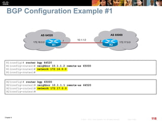 Chapter 6
118© 2007 – 2010, Cisco Systems, Inc. All rights reserved. Cisco Public
BGP Configuration Example #1
R1(config)# router bgp 64520
R1(config-router)# neighbor 10.1.1.2 remote-as 65000
R1(config-router)# network 172.16.0.0
R1(config-router)#
R2(config)# router bgp 65000
R2(config-router)# neighbor 10.1.1.1 remote-as 64520
R2(config-router)# network 172.17.0.0
R2(config-router)#
AS 65000
R1 R2
10.1.1.0.1 .2
AS 64520
172.17.0.0172.16.0.0
 