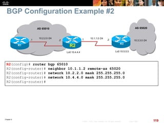 Chapter 6
119© 2007 – 2010, Cisco Systems, Inc. All rights reserved. Cisco Public
BGP Configuration Example #2
R2(config)# router bgp 65010
R2(config-router)# neighbor 10.1.1.2 remote-as 65020
R2(config-router)# network 10.2.2.0 mask 255.255.255.0
R2(config-router)# network 10.4.4.0 mask 255.255.255.0
R2(config-router)#
AS 65020
R2
10.1.1.0 /24
.2
AS 65010
10.2.2.0 /24
R1
.1
R3
10.3.3.0 /24.2
Lo0 10.4.4.4
.1
Lo0 10.5.5.5
 